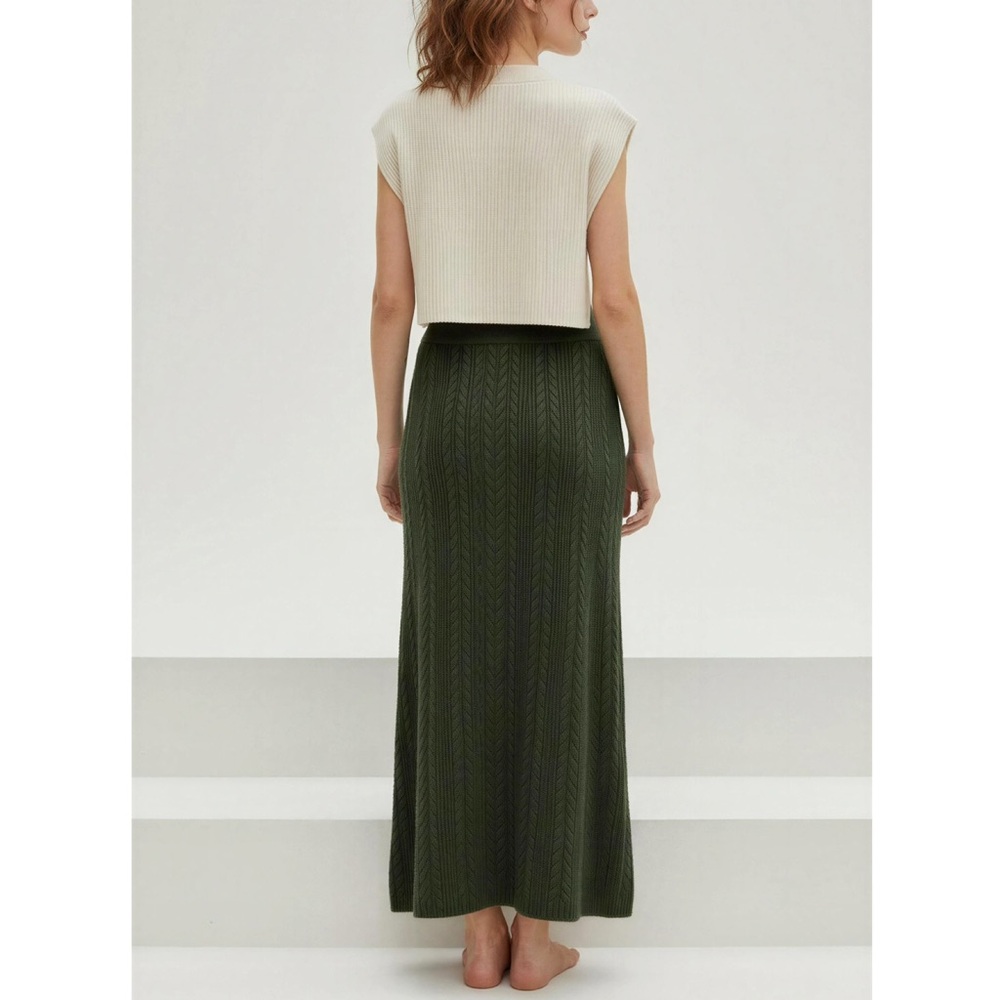 SÉZANE Marilou Merino Wool/Cotton Cable Knit Midi Skirt, Khaki, Large - Picture 6 of 13